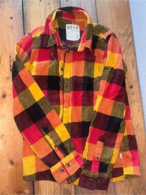 Plaid Button-Up Shirt Jacket in Red, Yellow & Orange